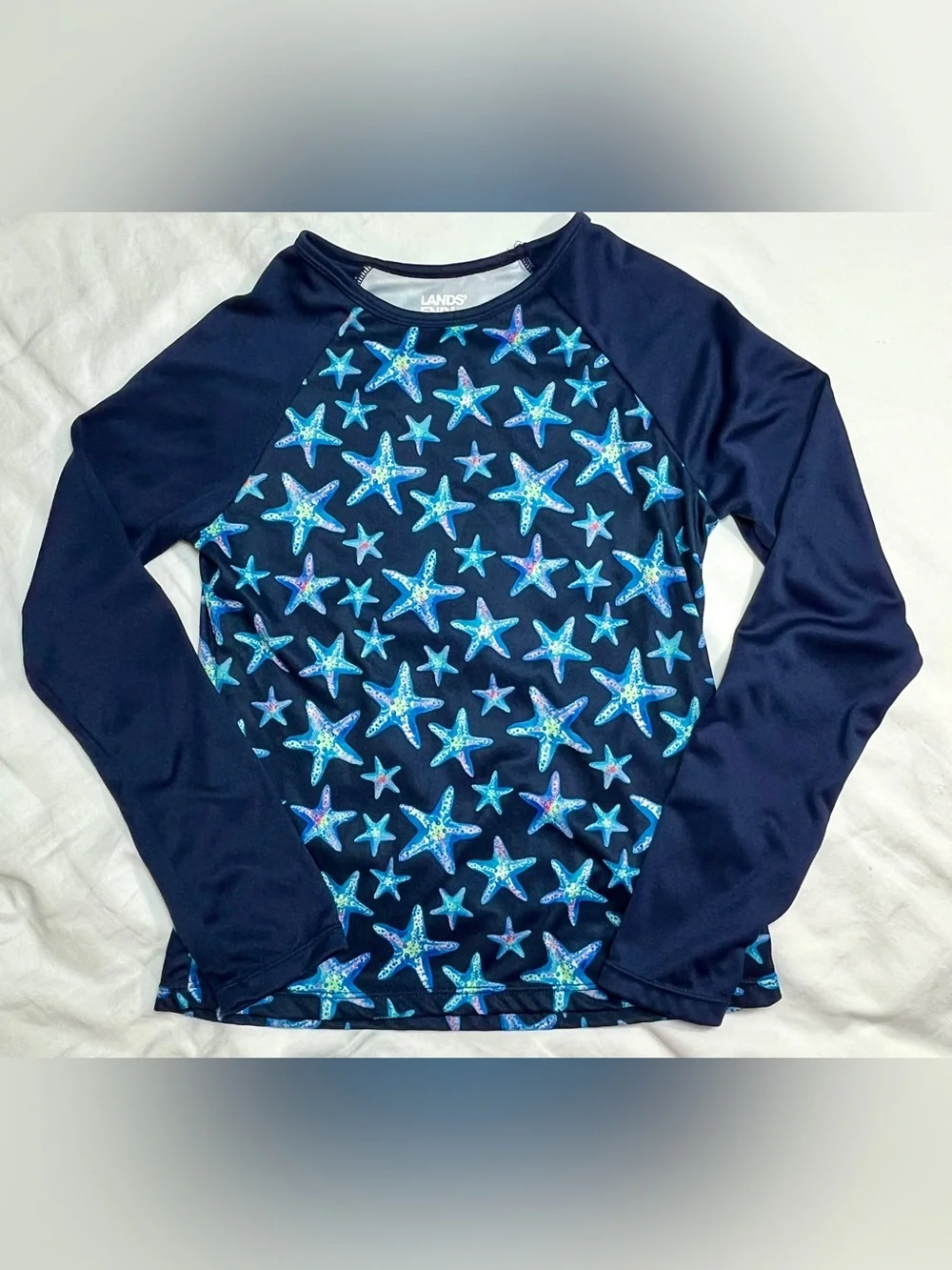 Lands' End Girls 2 Pc Rash Guard Swimsuit Set Starfish Print Navy UPF‎ 10-12